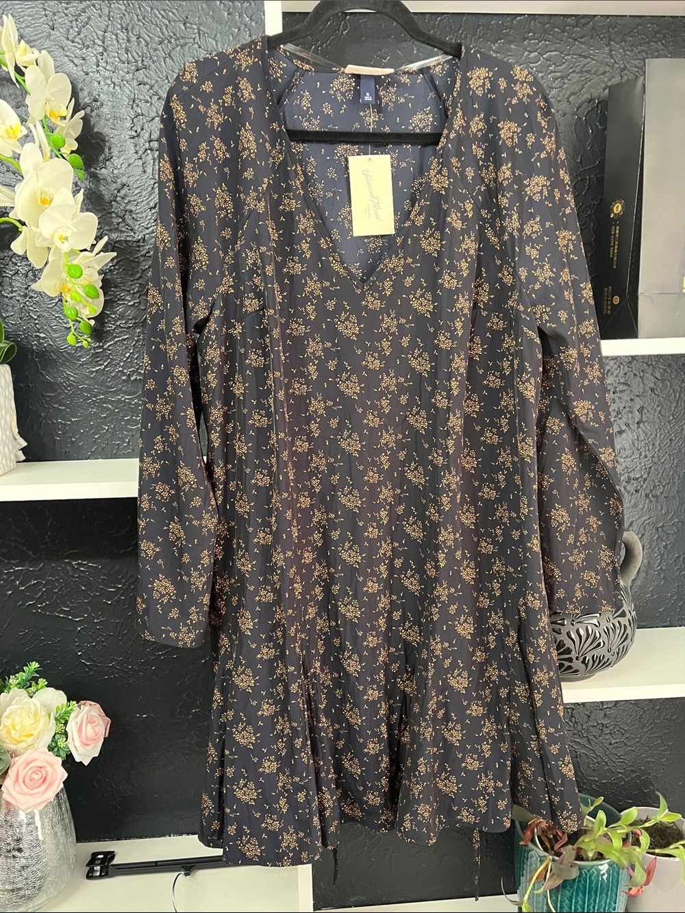 Universal Thread Navy Mini Dress with Tan Floral Print XL